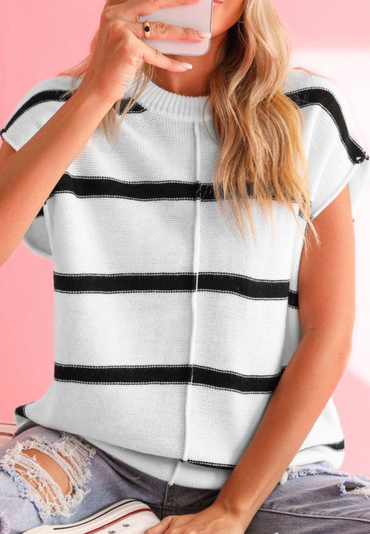 White Striped Center Seam Sweater