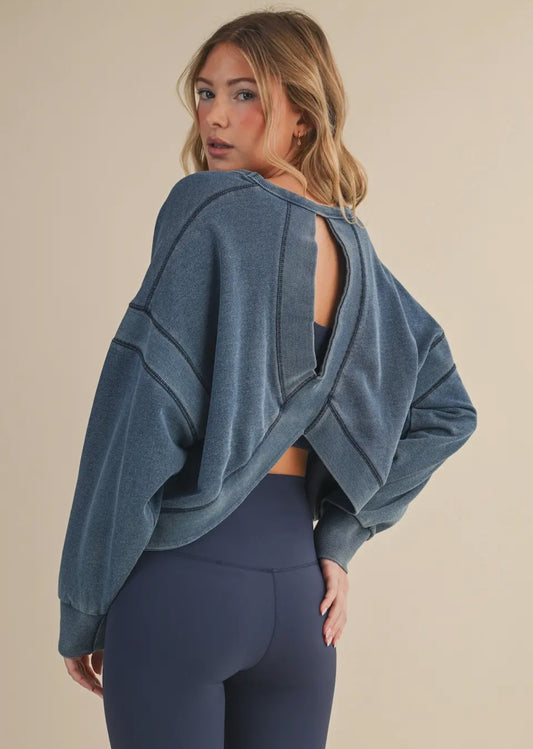 Denim Wash Cutout Back Fleece-Lined Sweatshirt