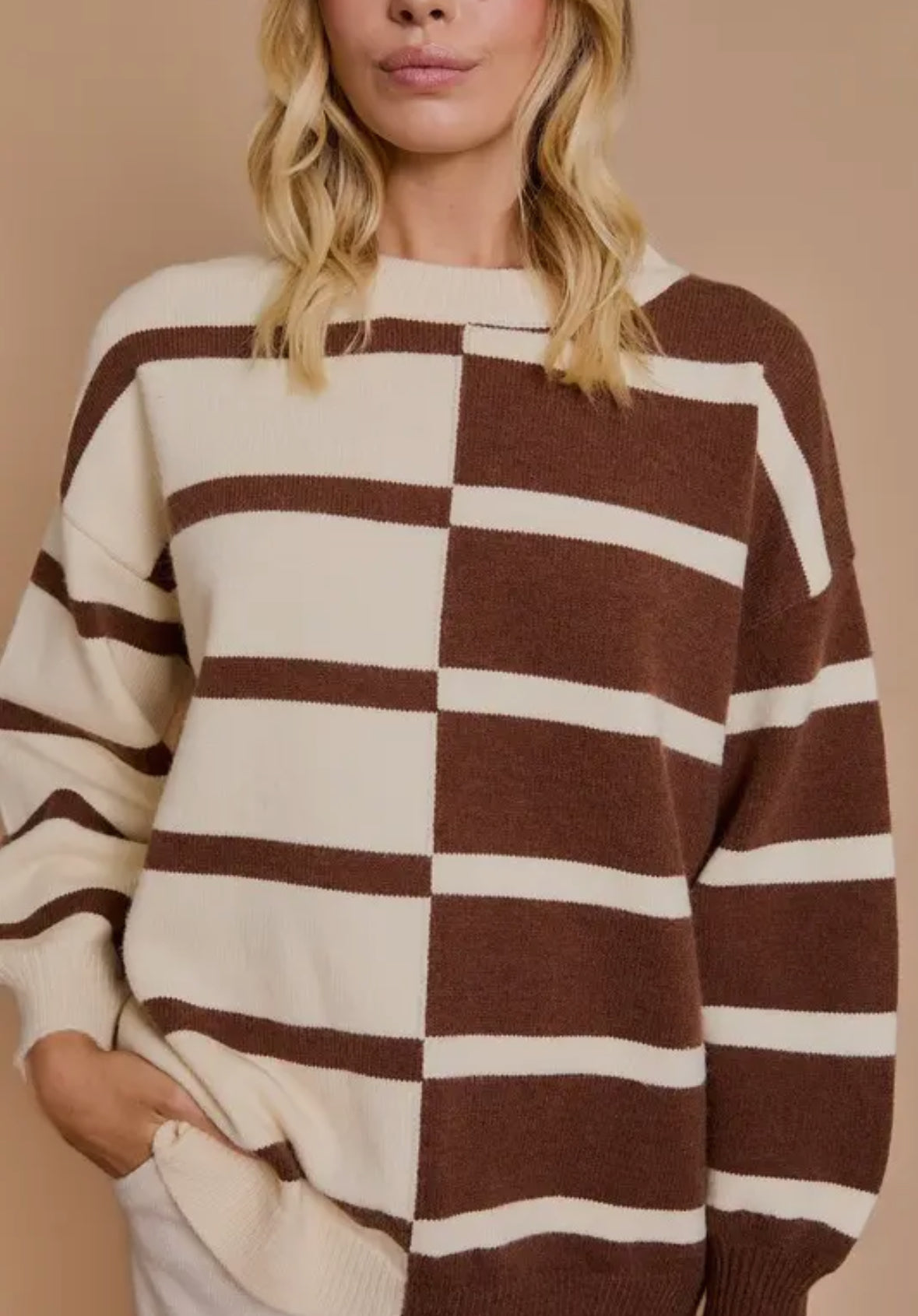 Cream & Brown Contrast Stripe Sweater