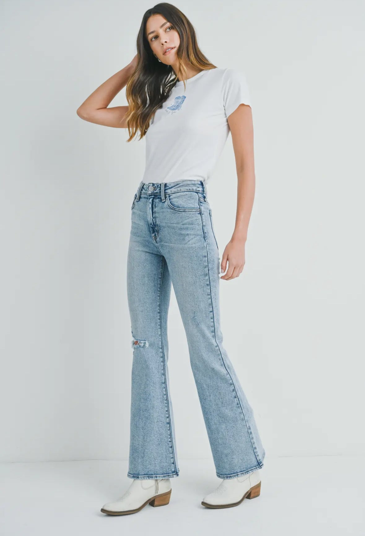 One Knee Distressed Flare Jean