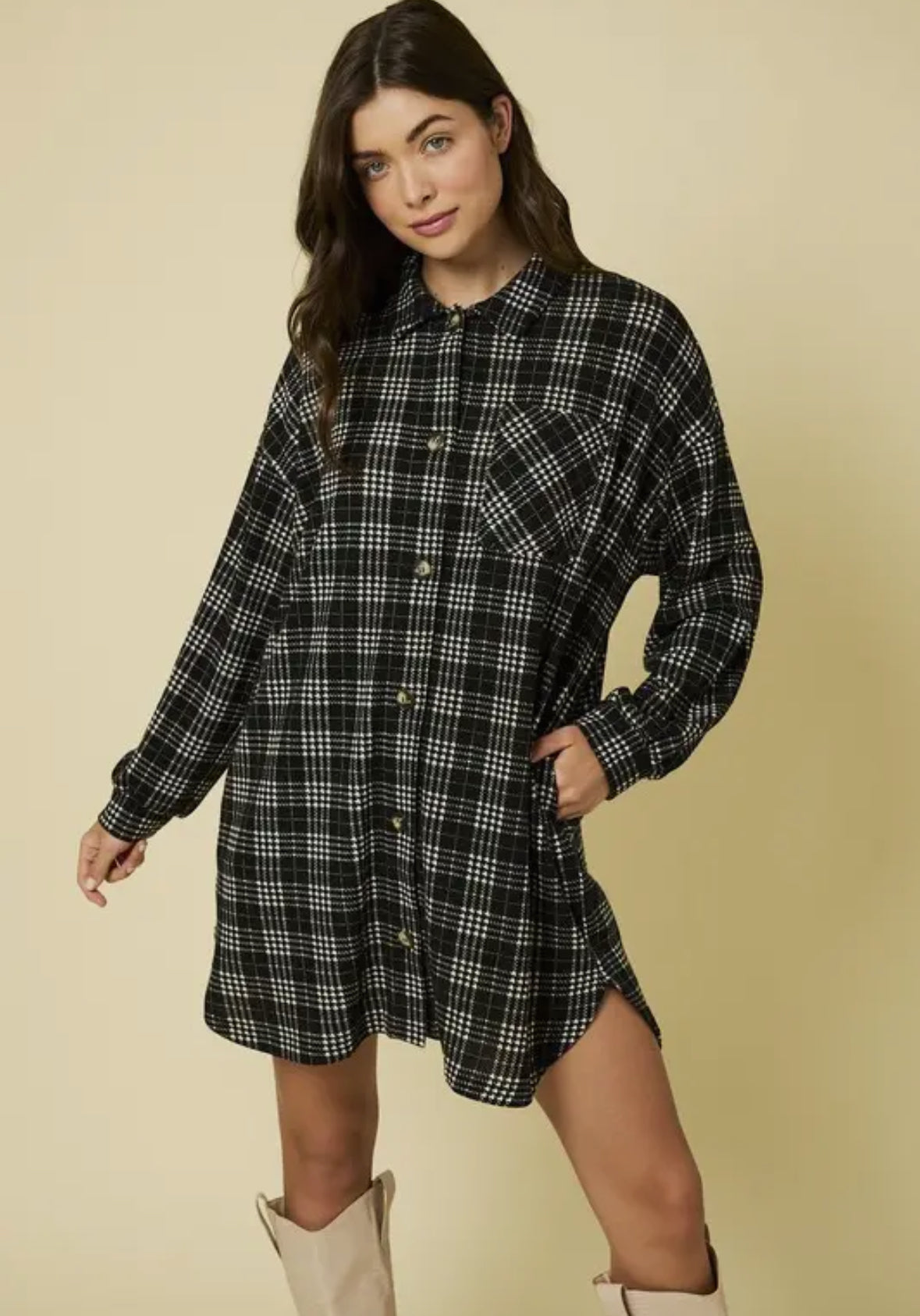 Plaid Shacket Dress with Pockets