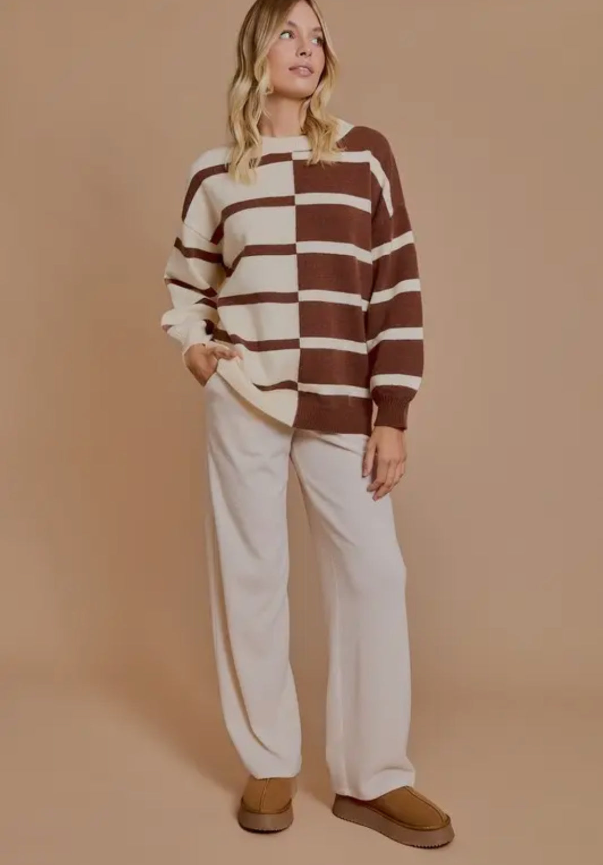 Cream & Brown Contrast Stripe Sweater
