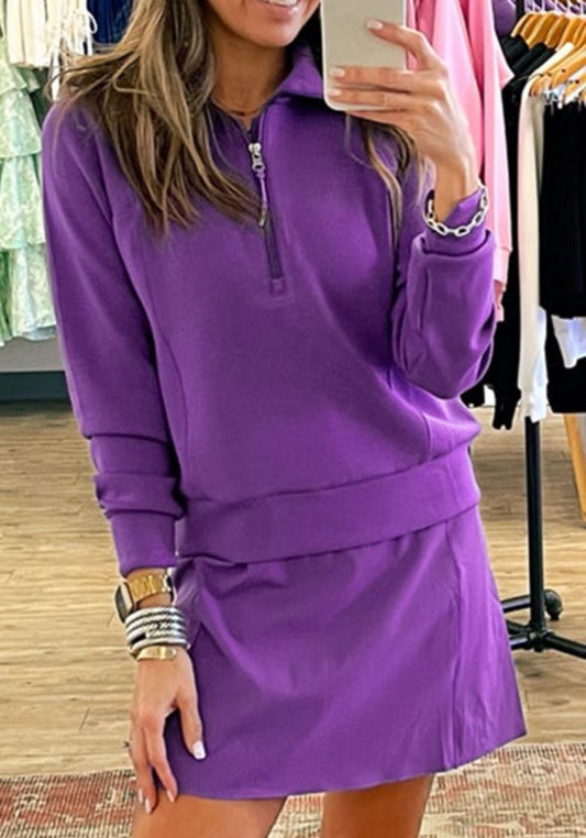 Purple Sporty Pullover Skirt Set