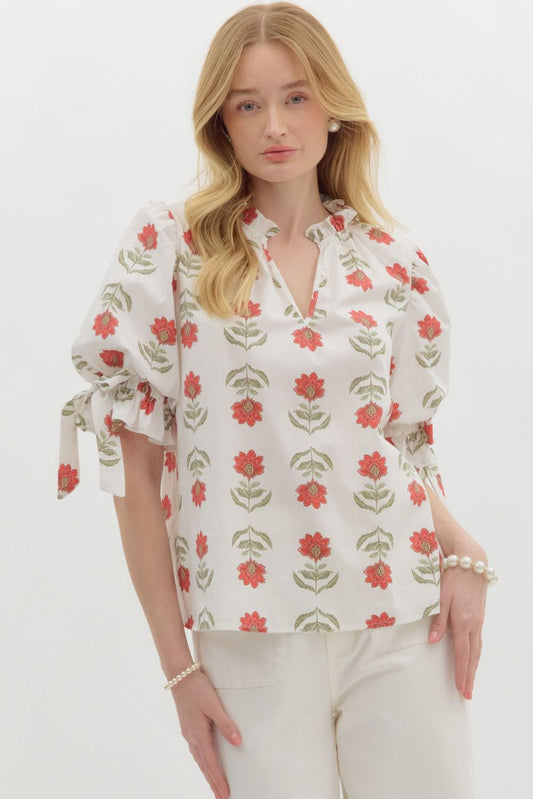 Split Floral Ruffle Neck Pullover