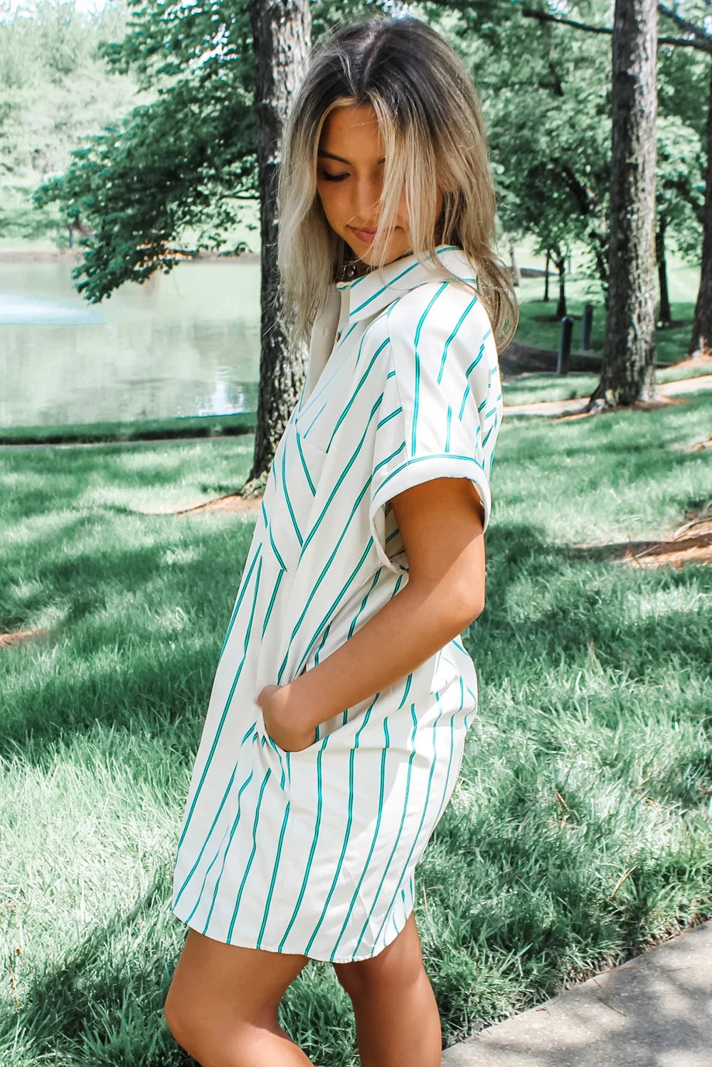 Mint Green Striped Pocket Button Down Dress