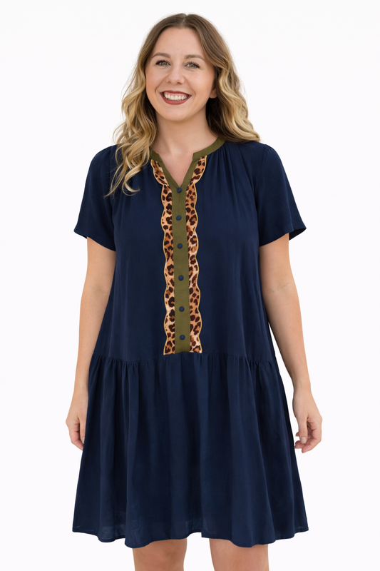 Navy Blue + Leopard Trim Dress