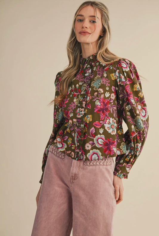 Floral Ruffle Trim Button Down Top