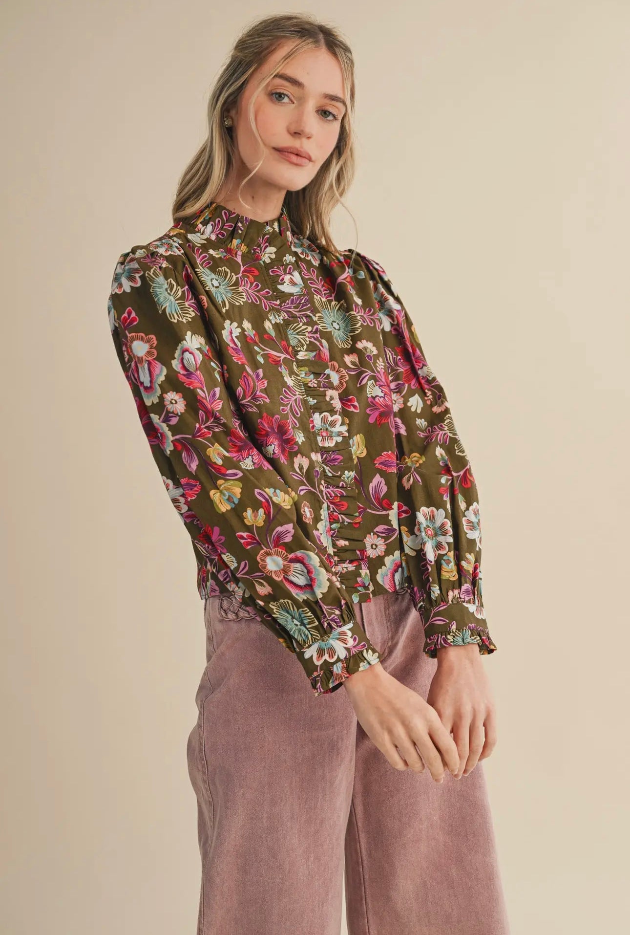Floral Ruffle Trim Button Down Top