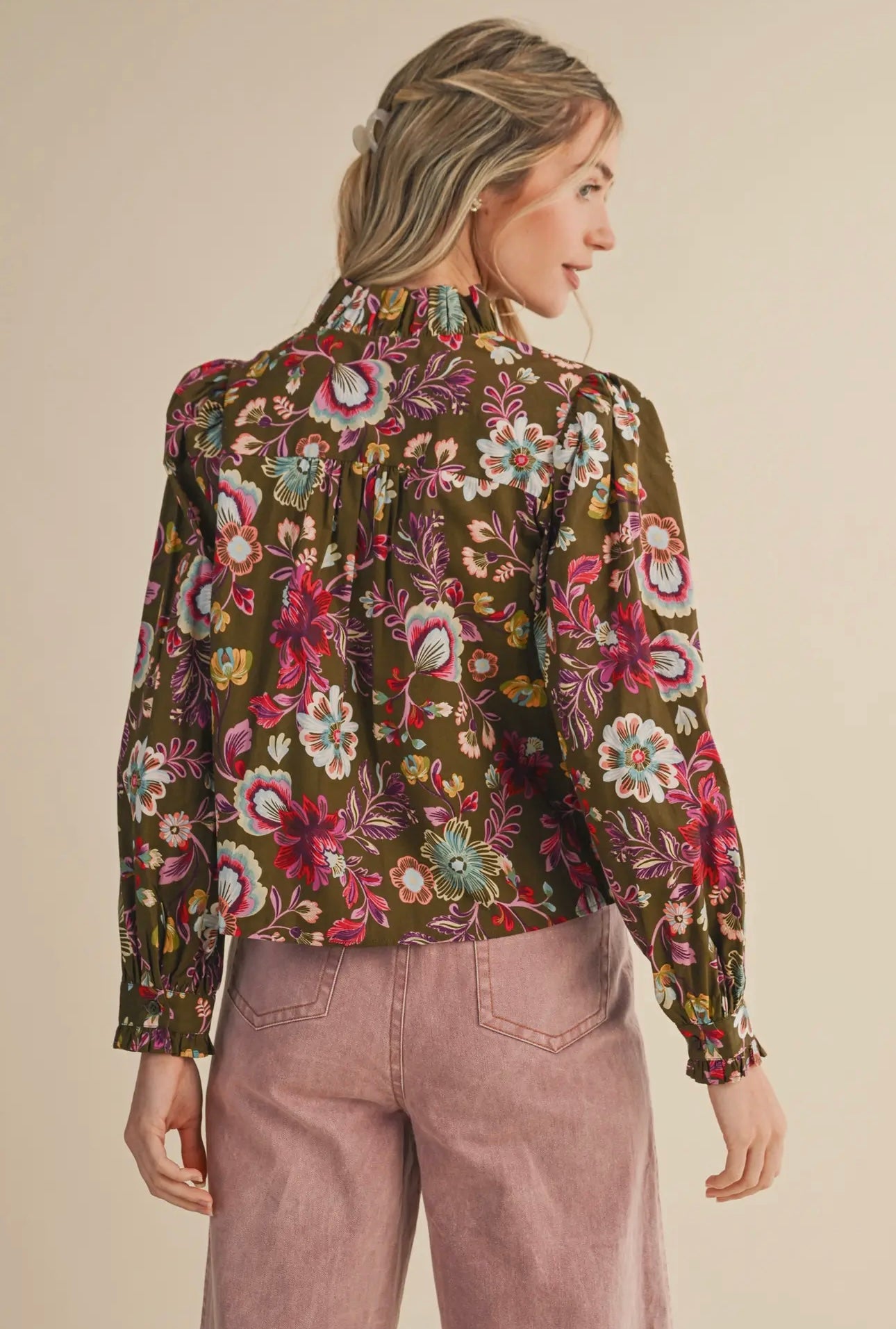 Floral Ruffle Trim Button Down Top