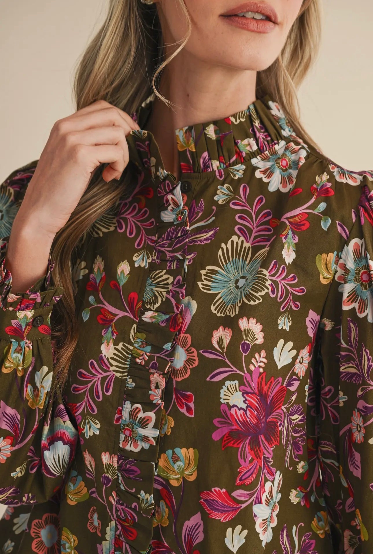 Floral Ruffle Trim Button Down Top