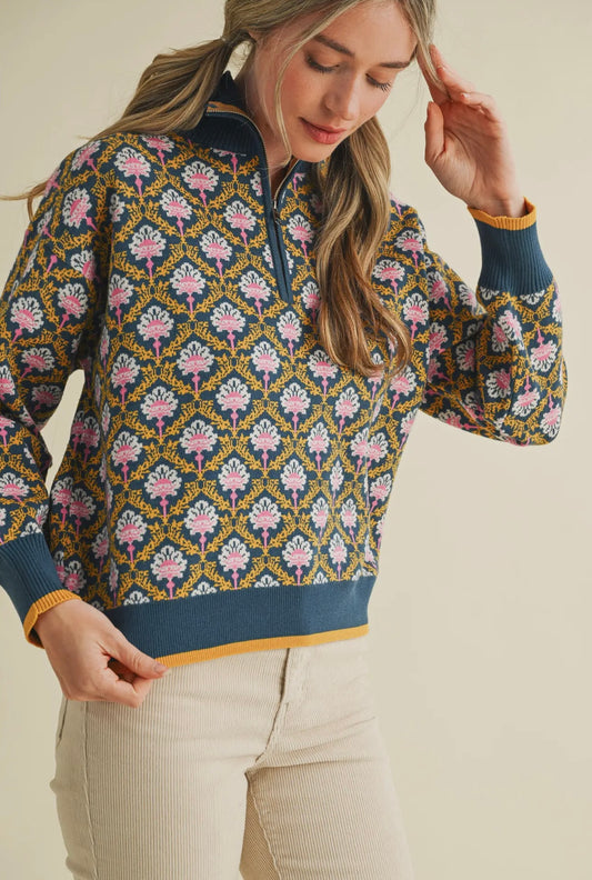 Floral Knit Half Zip Sweater