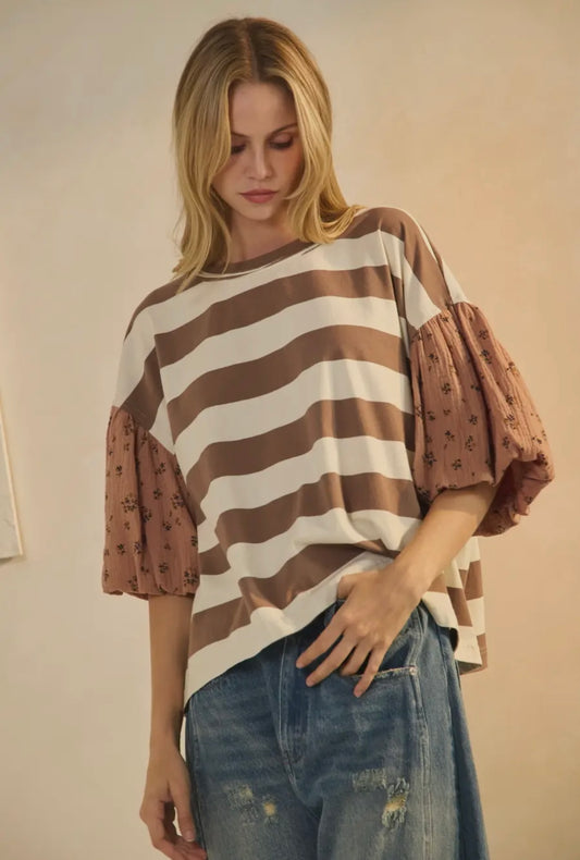 Stripped Floral Puff Sleeve Top