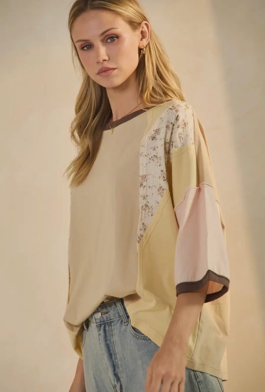 Color Blocked Floral Jersey Top