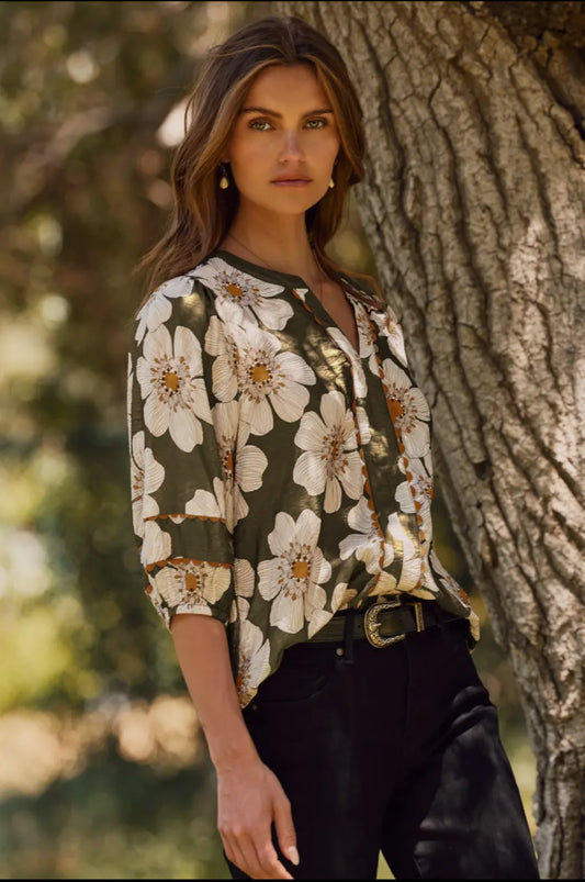 Floral 3/4 Sleeve Lace Detail Top