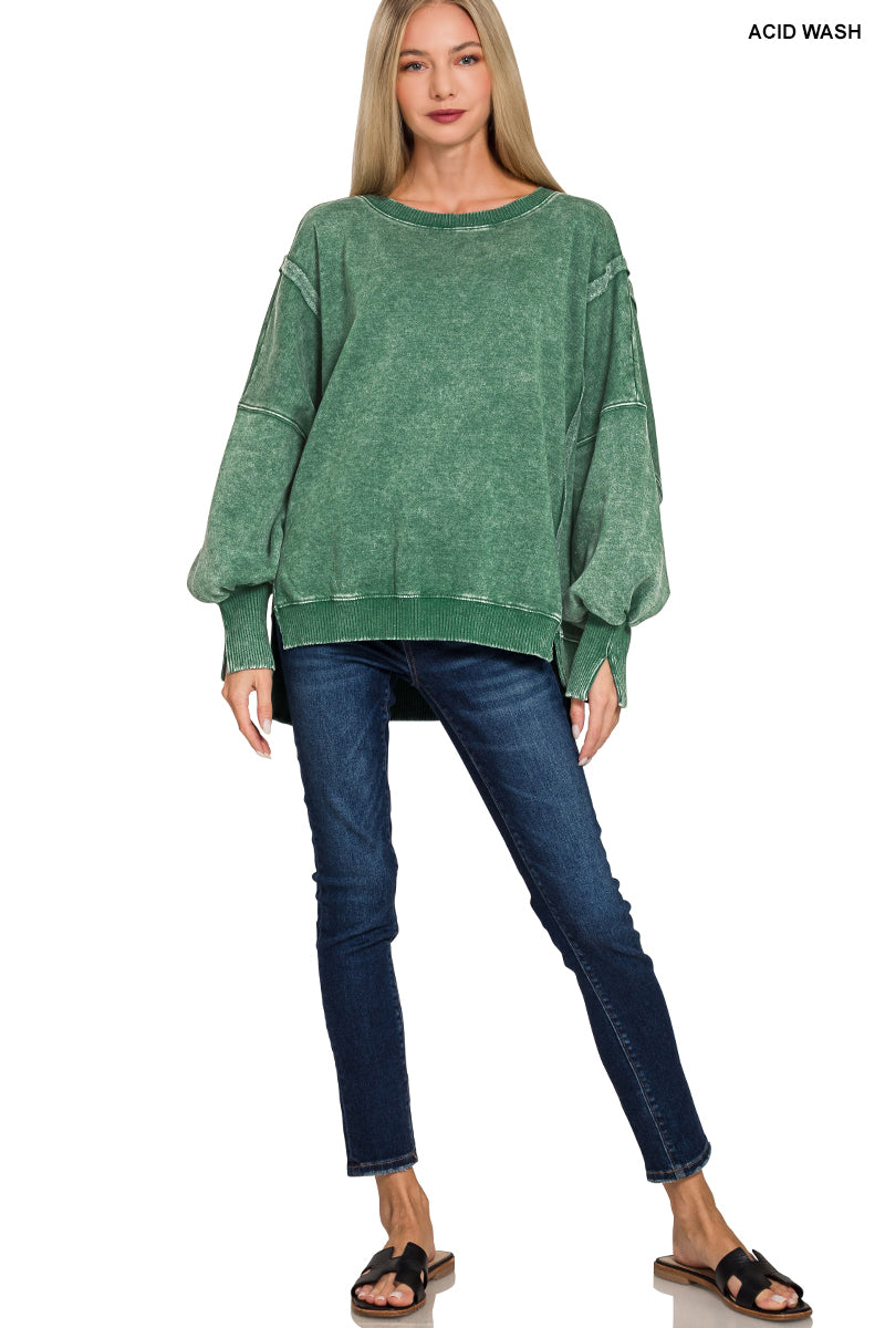 Acid Washed Batwing Sleeve Hi-Low Fleece Sweatshirts