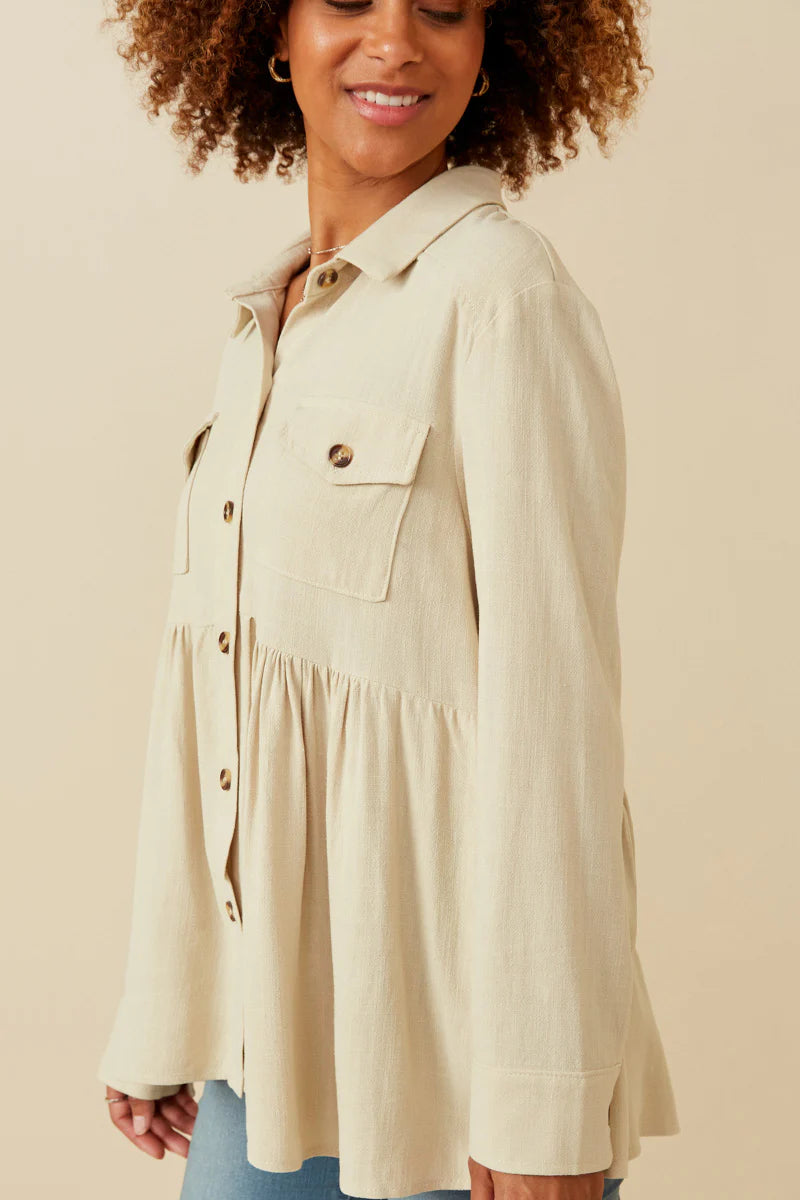 Linen Blend Peplum Button Up