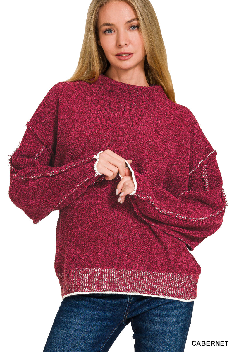 Oversized Mock Neck Raw Seam Chenille Sweater