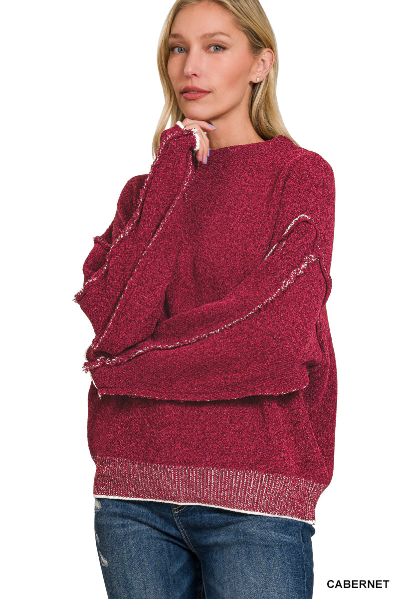 Oversized Mock Neck Raw Seam Chenille Sweater