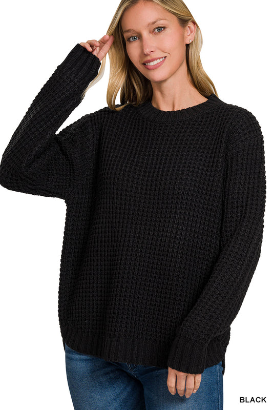 Hi-Low Long Sleeve Round Neck Waffle Sweater