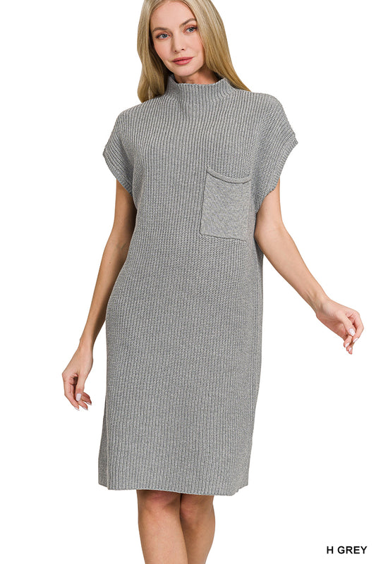 Mock Neck Short Sleeve Sweater Dress with Pocket