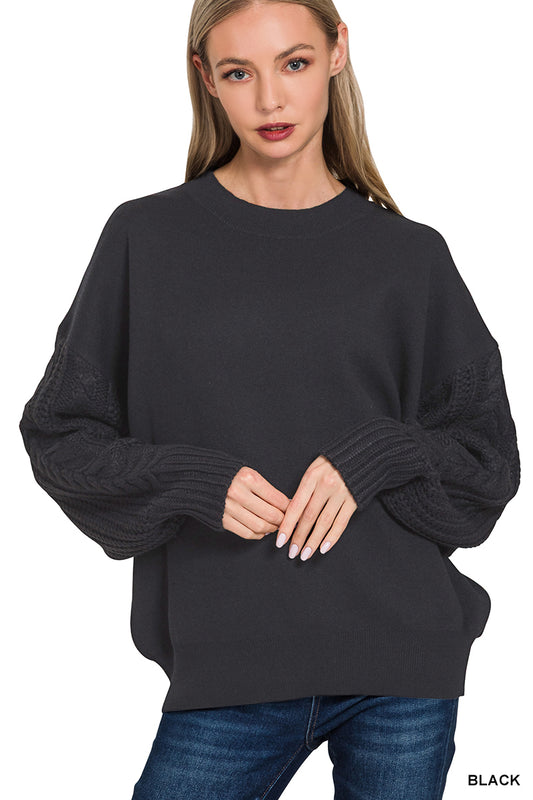 Cable Knit Sleeve Round Neck Sweater