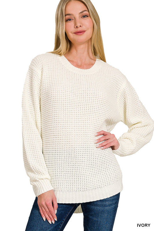 Hi-Lo Round Neck Long Sleeve Waffle Knit Sweater