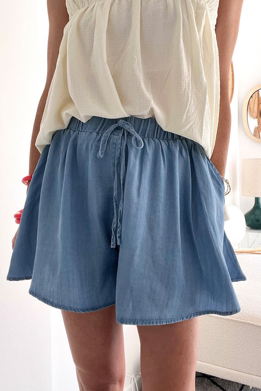 Dusk Blue Drawstring Wide Leg Denim Shorts