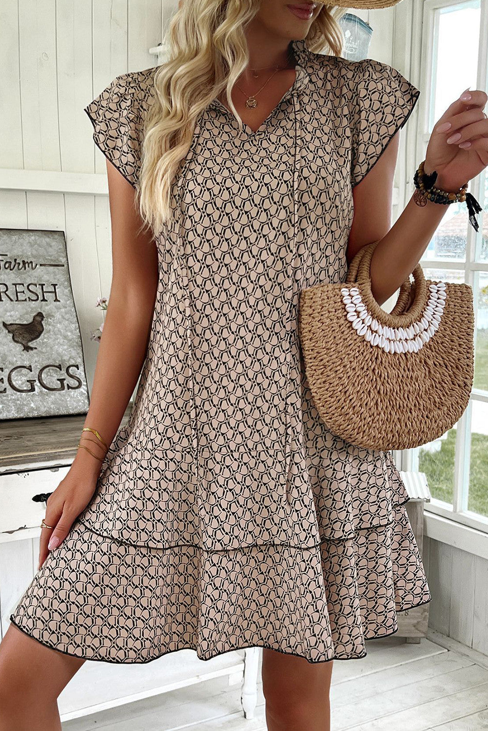 Taupe Boho Flutter Sleeve Dress